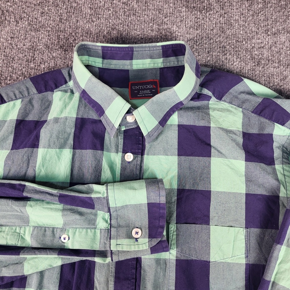 UNTUCKit Mens XL Green Purple Buffalo Check Plaid Long Sleeve Button Down Shirt